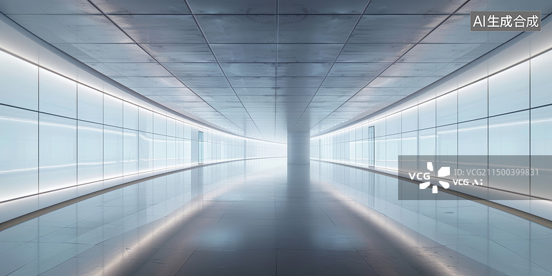 【AI数字艺术】白色发光未来科技感通道人造空间走廊背景图片素材