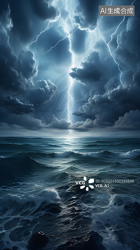 【AI数字艺术】闪电对海洋的低角度视图图片素材
