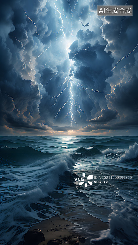 【AI数字艺术】闪电对海洋的低角度视图图片素材