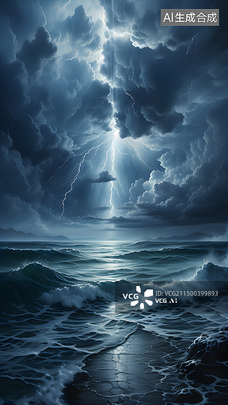 【AI数字艺术】闪电对海洋的低角度视图图片素材