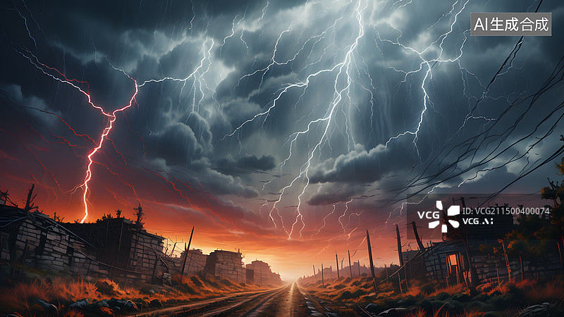 【AI数字艺术】闪电对地面的低角度视图图片素材