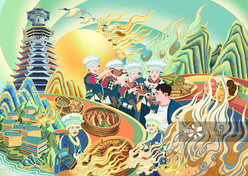 少数民族传统节日插画招待长桌宴席图片素材