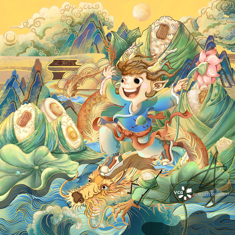 端午节龙行于海儿童喜笑颜开图片素材