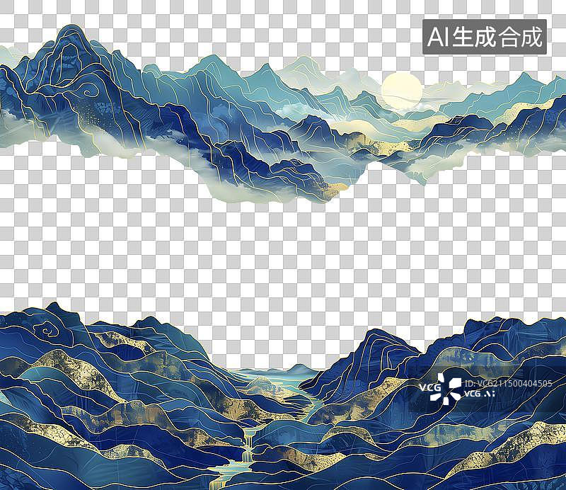 【AI数字艺术】鎏金描边新中式山水群山背景图片素材