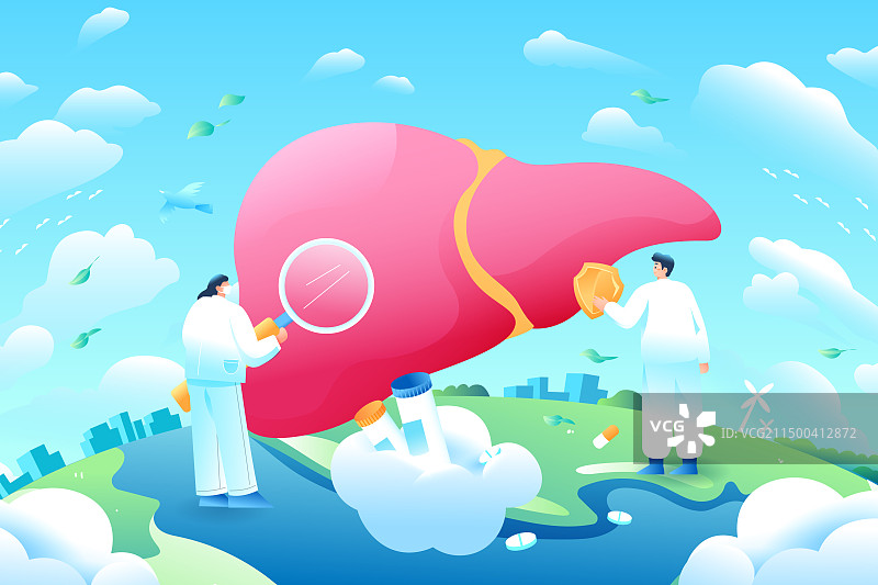 卡通世界肝炎日肝脏器官治疗疾病体检筛查预防科普医疗健康医生医师医护挂号看病护理重疾保险渐变矢量插画图片素材
