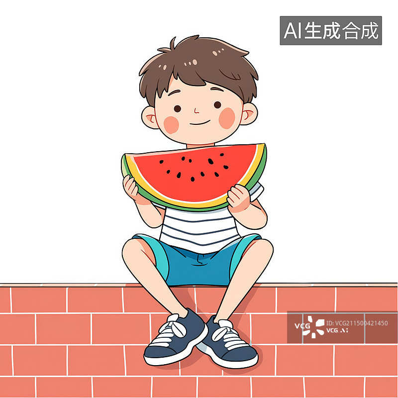 【AI数字艺术】夏日坐在墙头上吃西瓜的男孩手绘风格插画图片素材