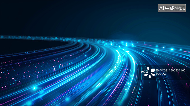 【AI数字艺术】蓝色弯曲发光的粒子科技线条背景图片素材