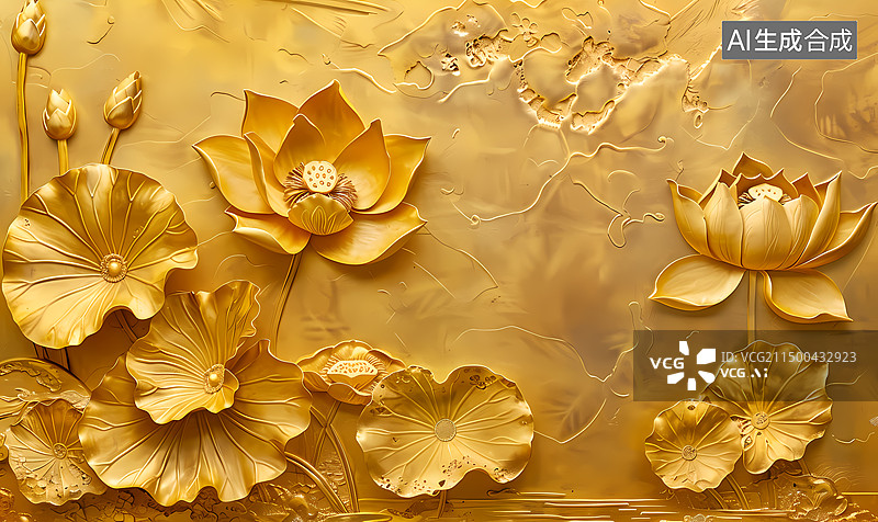 【AI数字艺术】浮雕,荷花,荷叶,金色,装饰图片素材