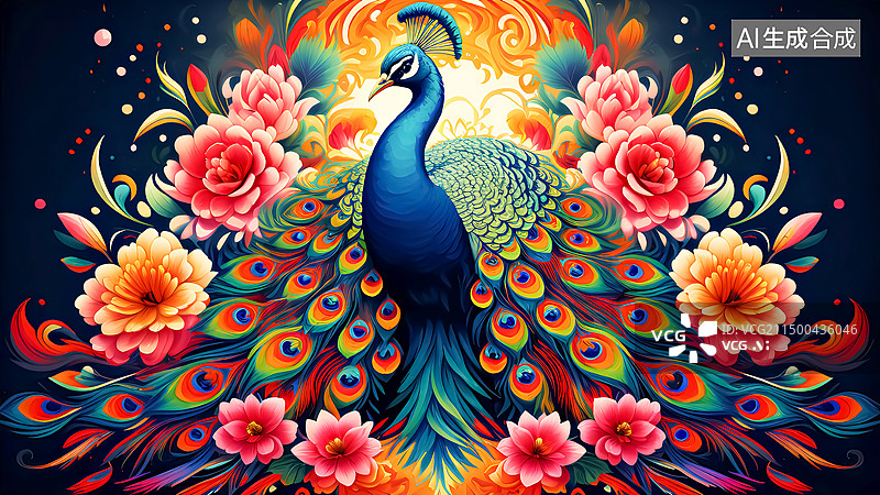 【AI数字艺术】孔雀开屏插画图片素材
