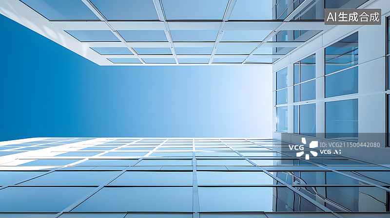 【AI数字艺术】蓝天下现代建筑玻璃幕墙的低视角图片素材