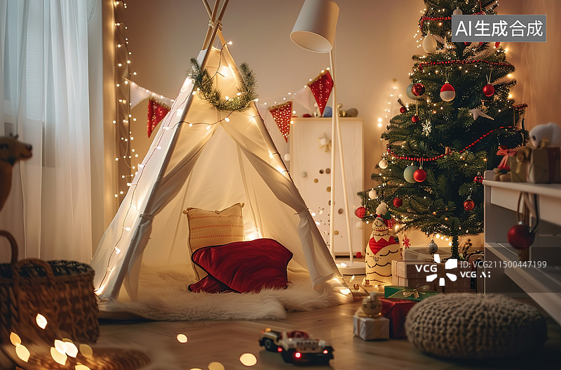 【AI数字艺术】圣诞节期间在家里装饰圣诞树的人的后视图图片素材