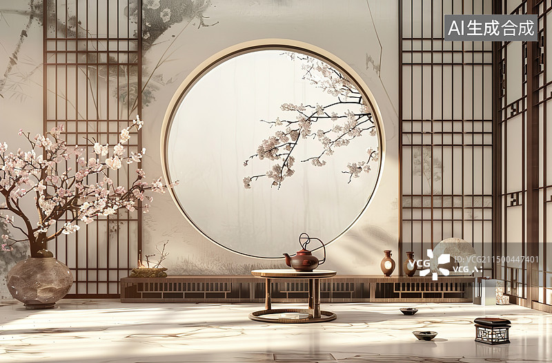 【AI数字艺术】中式室内设计风格的盆景图片素材