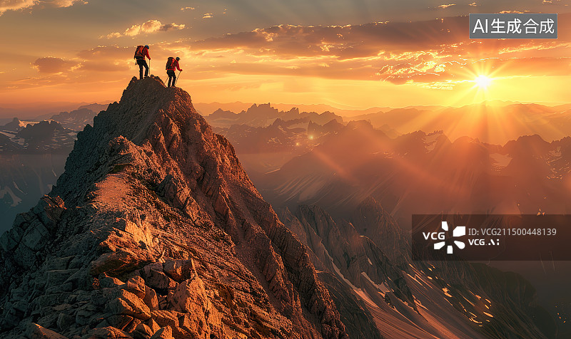 【AI数字艺术】日落时站在岩石上的人的剪影图片素材
