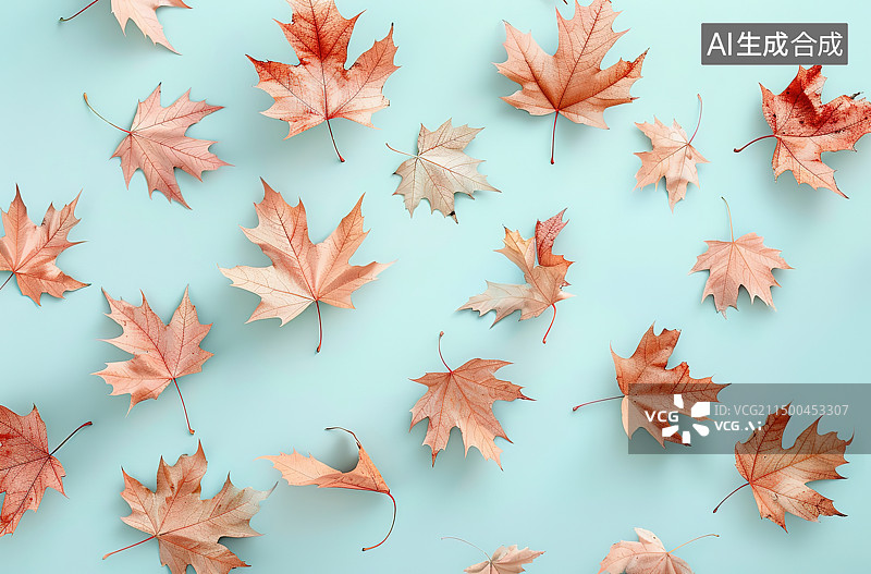 【AI数字艺术】正上方蓝色背景下的秋叶图片素材