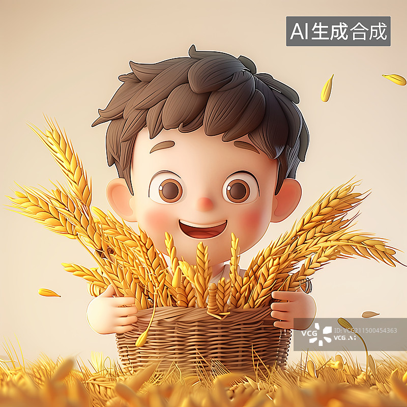 【AI数字艺术】一个小男孩拿着一筐成熟麦子，开怀大笑图片素材