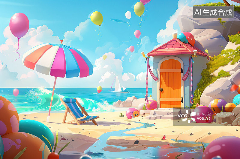 【AI数字艺术】海滩上的彩色气球图片素材