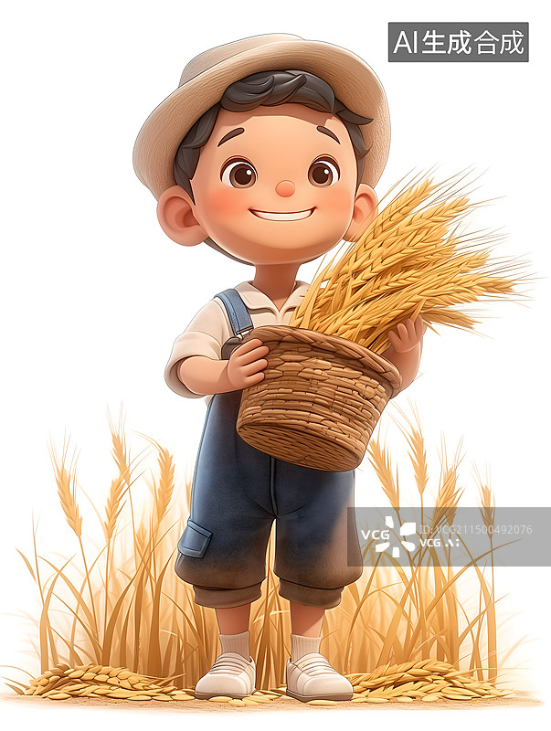 【AI数字艺术】卡通男孩开心抱着一筐麦穗图片素材