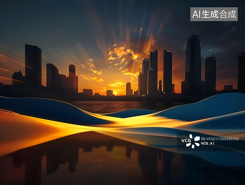 【AI数字艺术】夕阳下城市天际线前丝绸波浪图片素材