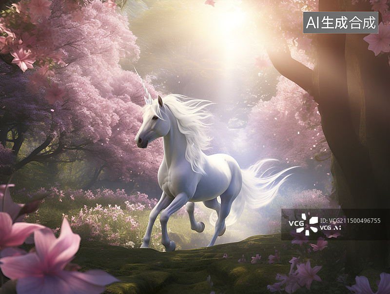 【AI数字艺术】粉色森林里的白马图片素材