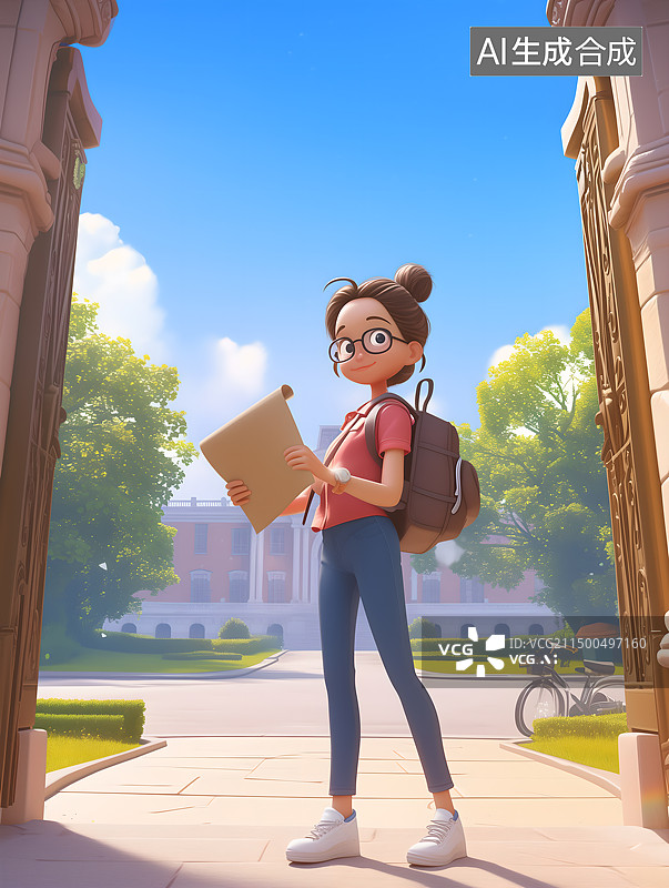 【AI数字艺术】卡通学生站在校园里手拿通知单图片素材