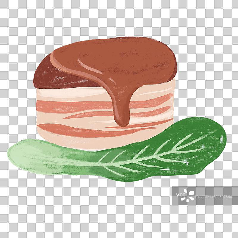 手绘红烧三层肉和菜叶图片素材