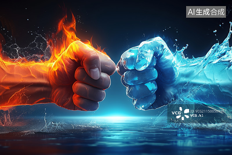 【AI数字艺术】黑色背景，两个拳头碰撞，一只拳头是冰，另一只手是火。竞争对抗概念图片素材