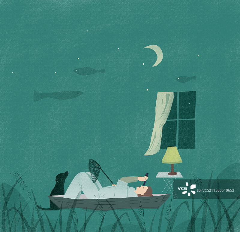 深夜扑捉梦想的小能手插画图片素材