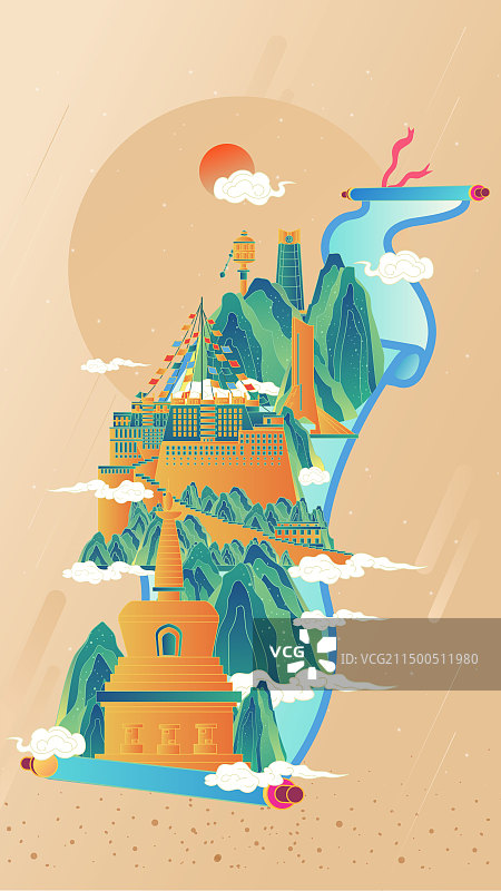 西藏卷轴山水画中国风城市复古打卡地标旅游建筑群图片素材