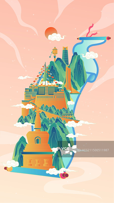 西藏卷轴山水画中国风城市复古打卡地标旅游建筑群图片素材