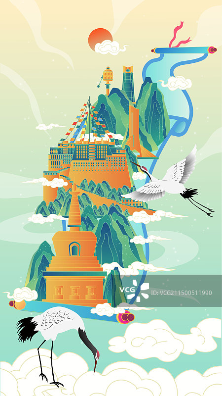 西藏卷轴山水画中国风城市复古打卡地标旅游建筑群图片素材