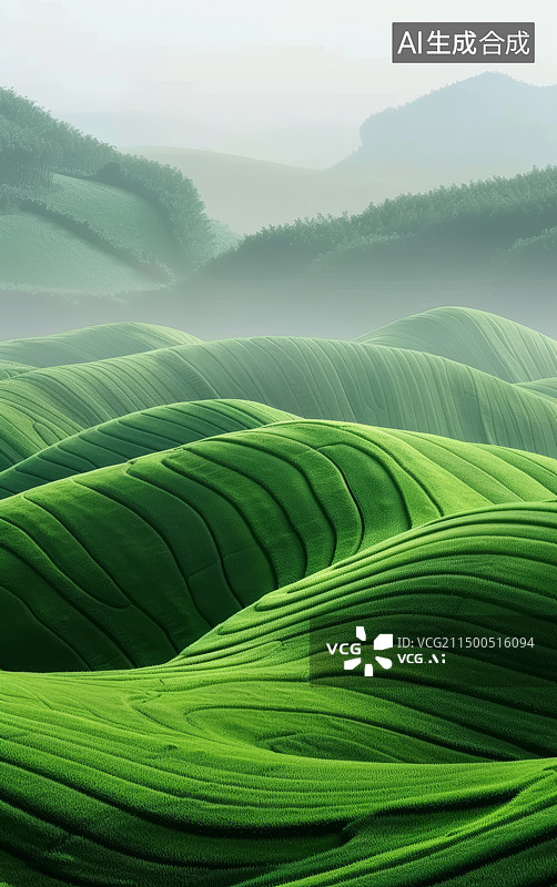 【AI数字艺术】绿色梯田茶园农田卡通自然风景背景图片素材