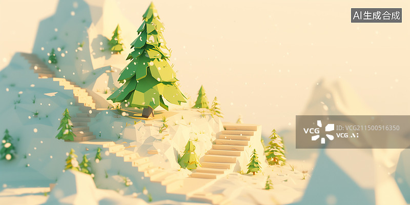 【AI数字艺术】冬天白天白雪皑皑的山间台阶小路3D卡通插画图片素材