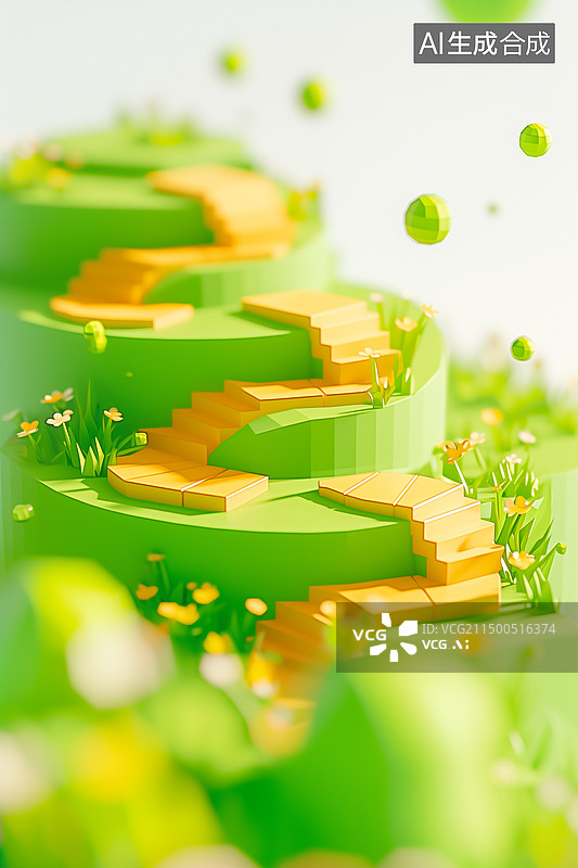 【AI数字艺术】夏天白天草地间曲折向上的山间台阶小路3D卡通插画图片素材