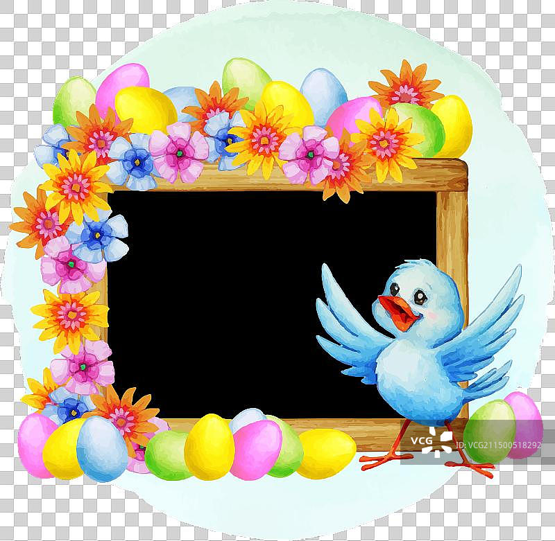 可爱小鸟和复活节装饰黑板图片素材
