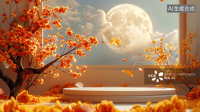 【AI数字艺术】中秋节桂花电商展台满月节日场景图片素材