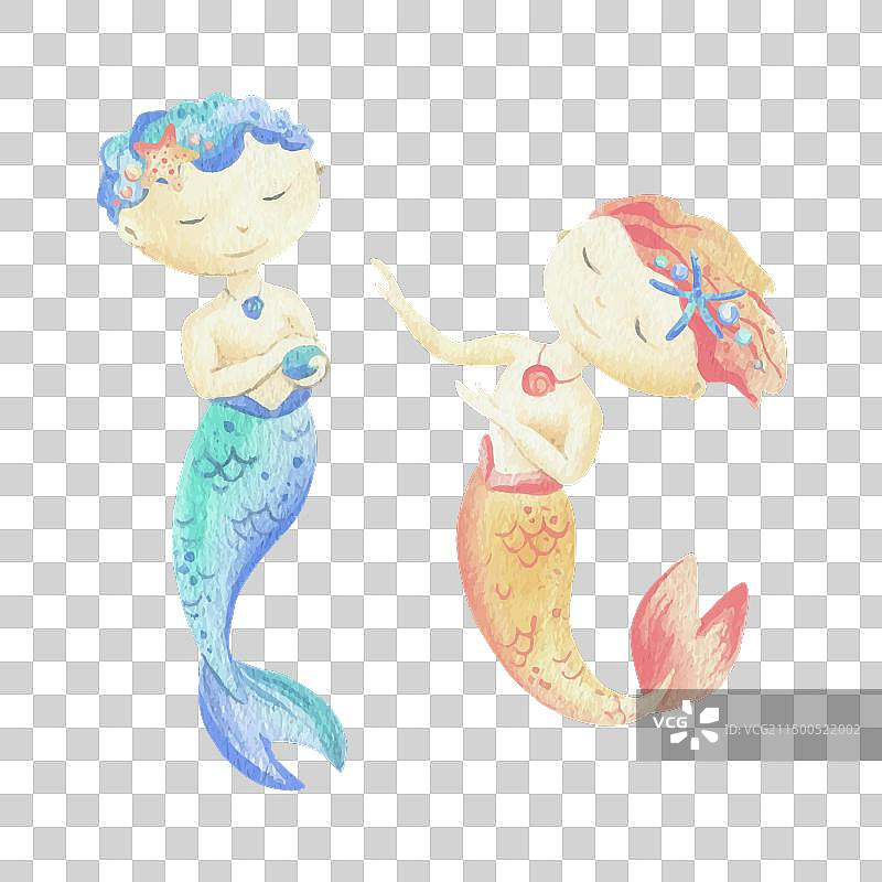 长着尾巴的男孩美人鱼水彩画图片素材