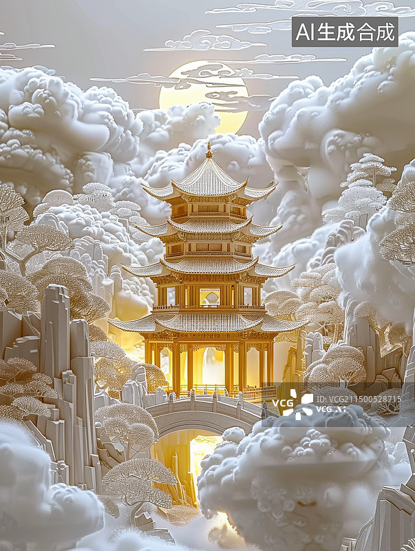 【AI数字艺术】剪纸风格的古建筑图片素材