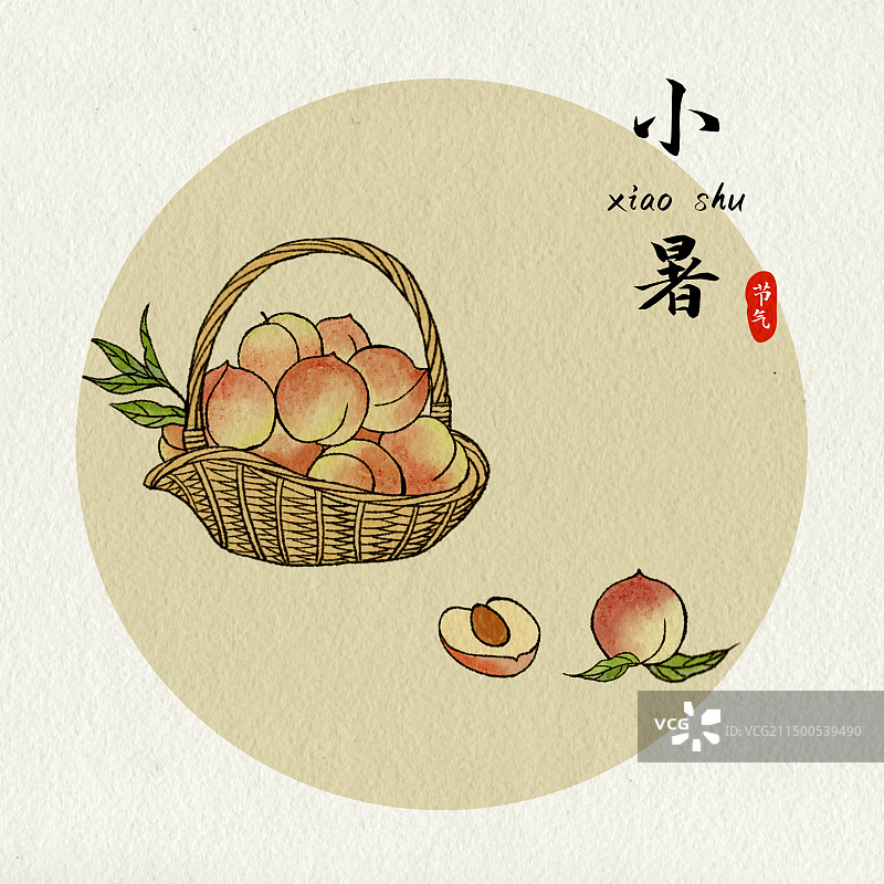 夏季时令水果桃子古风水墨插画图片素材