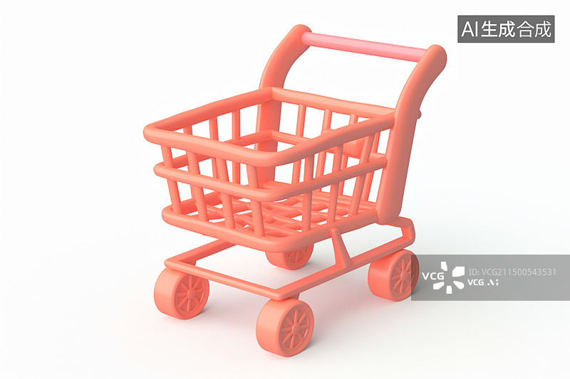 【AI数字艺术】白色背景前一个橘色的3D卡通的购物车图片素材