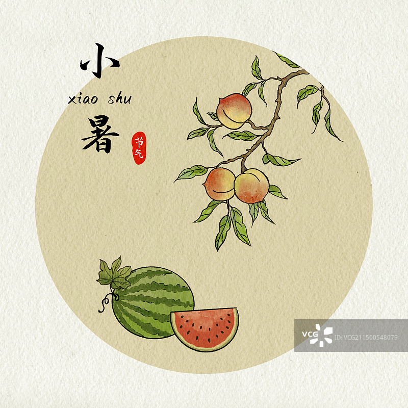 桃子西瓜古风水墨插画图片素材