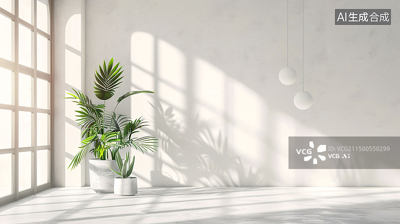 【AI数字艺术】干净的室内白墙和绿植装饰简约空白渲染背景图片素材
