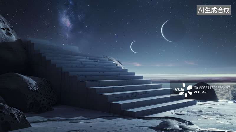 【AI数字艺术】星际穿越：星空下延伸的科幻阶梯图片素材