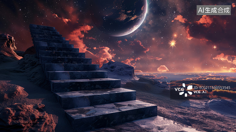 【AI数字艺术】星际穿越：星空下延伸的科幻阶梯图片素材