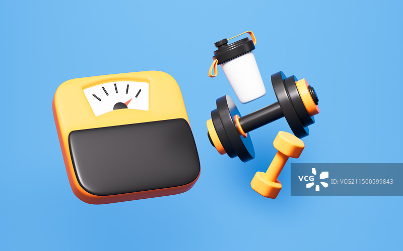 卡通体重称和哑铃杠铃运动概念3D渲染图片素材