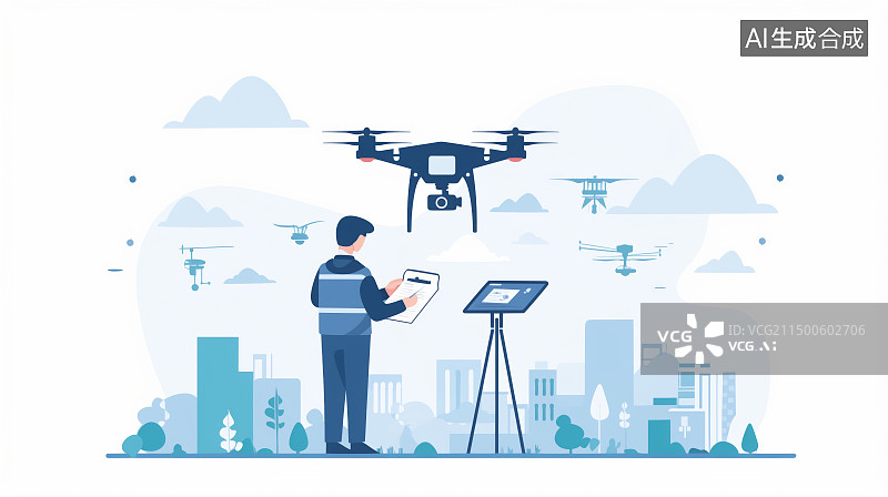 【AI数字艺术】摄影无人机在天空中飞插画图片素材