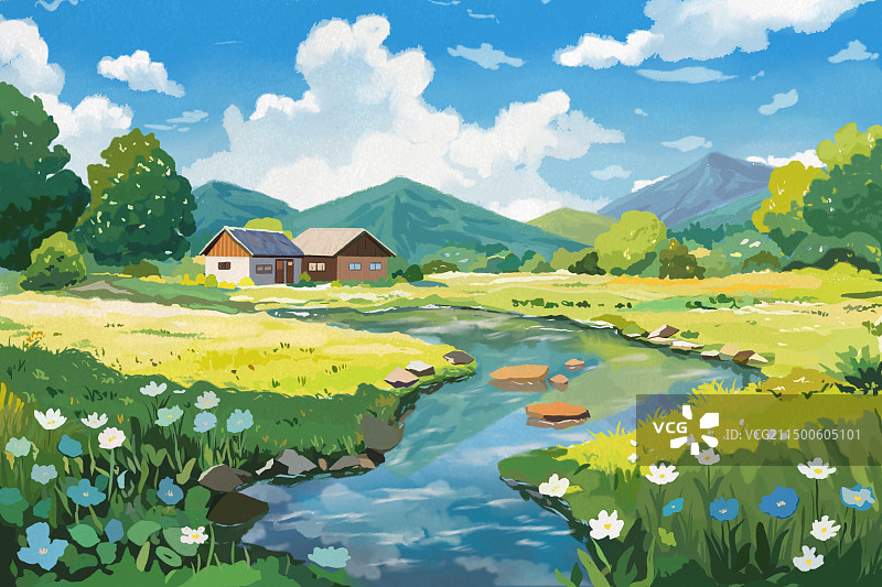 清新治愈乡村小镇房子草地小溪山河插画漫画壁纸背景封面内页图片素材
