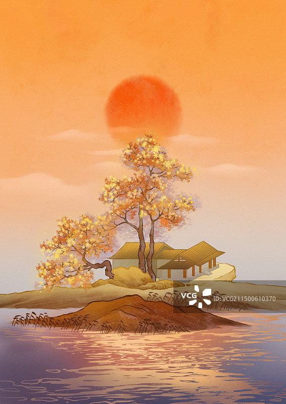 夕阳小屋湖边风景插画图片素材