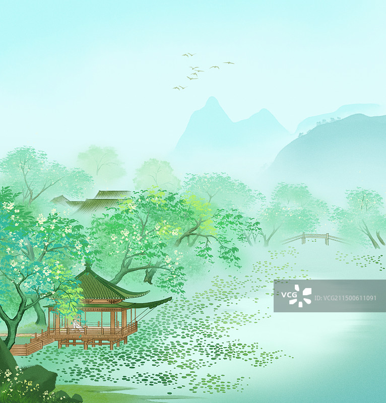 夏日荷塘消夏图插画图片素材