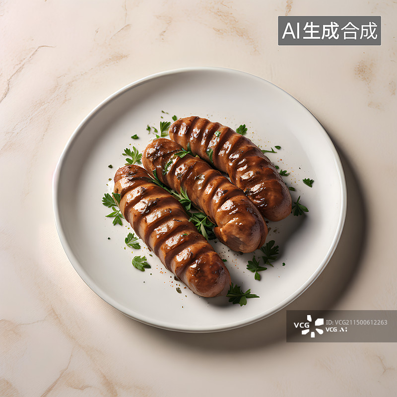 【AI数字艺术】盛装在白色西餐盘子里的烤肠，肉肠，鸡肉肠图片素材