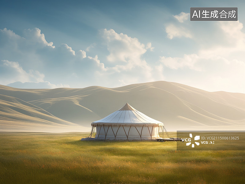 【AI数字艺术】传统蒙古包在阳光照耀的草原图片素材